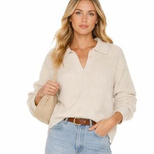 Aerie Cream Ribbed Collared Sweater Medium Soft Knit Coastal Quiet Luxury